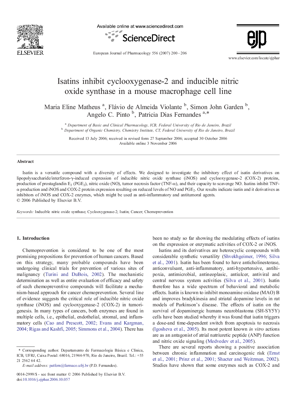 Isatins inhibit cyclooxygenase-2 and inducible nitric oxide synthase in a mouse macrophage cell line