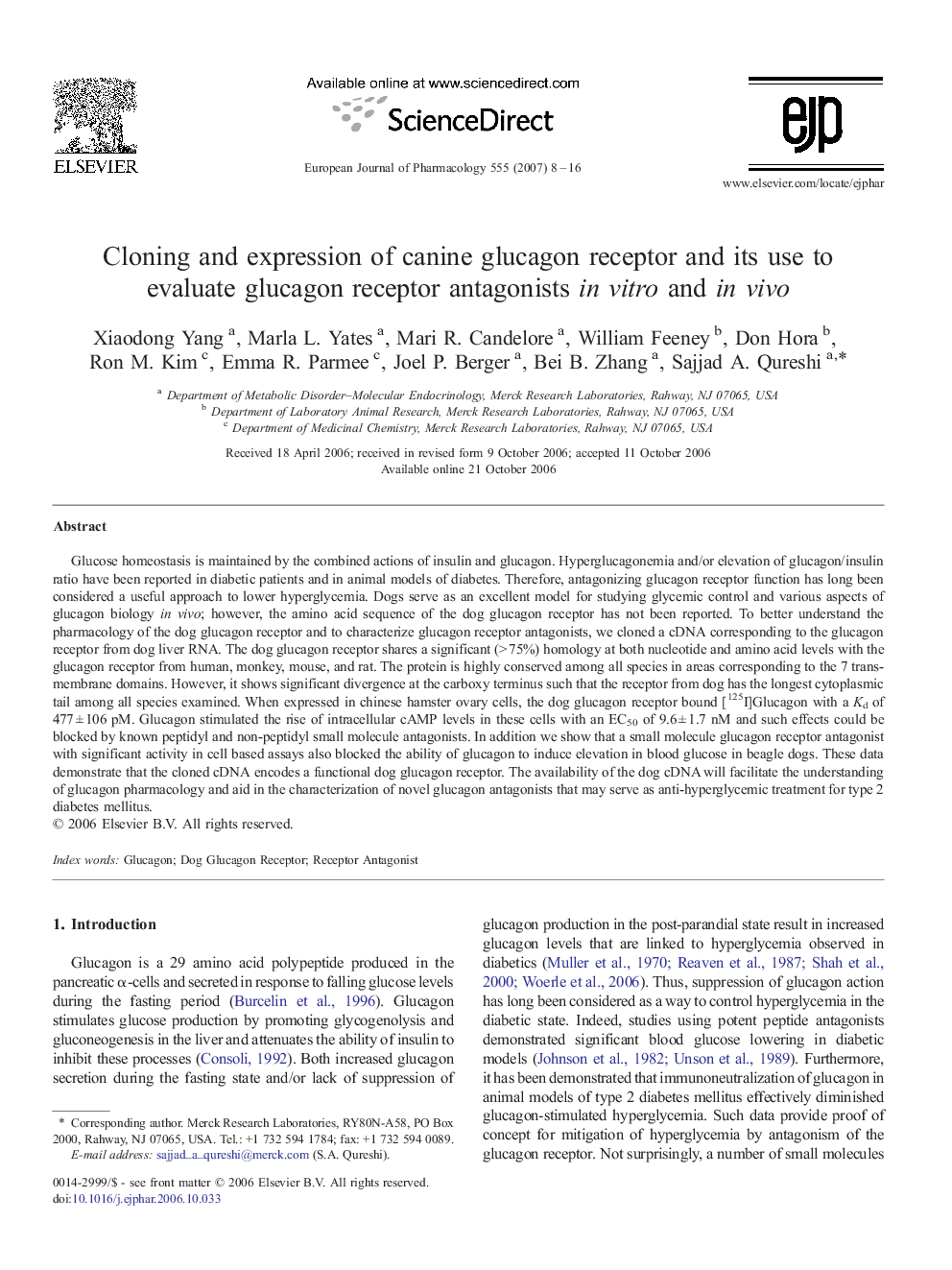 Cloning and expression of canine glucagon receptor and its use to evaluate glucagon receptor antagonists in vitro and in vivo