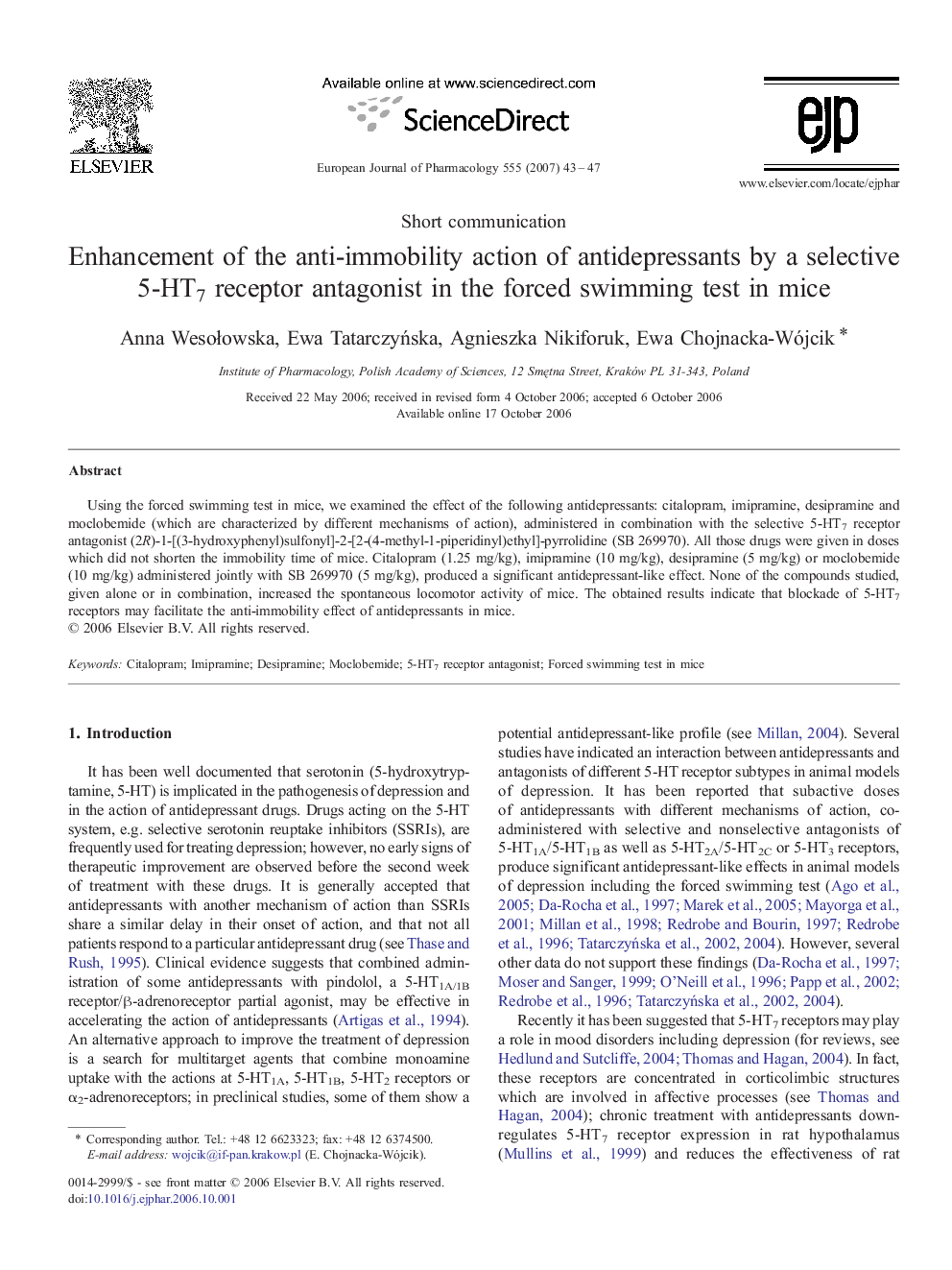 Enhancement of the anti-immobility action of antidepressants by a selective 5-HT7 receptor antagonist in the forced swimming test in mice