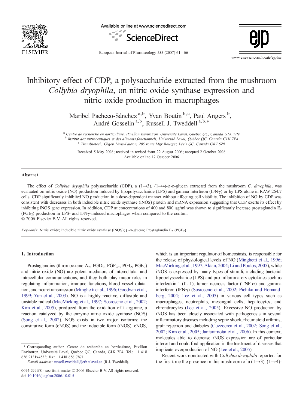 Inhibitory effect of CDP, a polysaccharide extracted from the mushroom Collybia dryophila, on nitric oxide synthase expression and nitric oxide production in macrophages