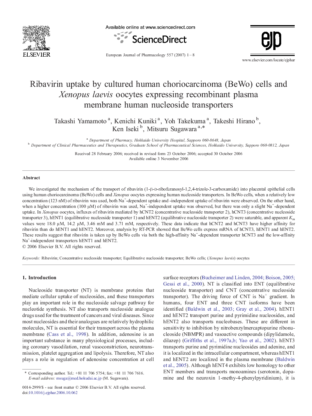 Ribavirin uptake by cultured human choriocarcinoma (BeWo) cells and Xenopus laevis oocytes expressing recombinant plasma membrane human nucleoside transporters