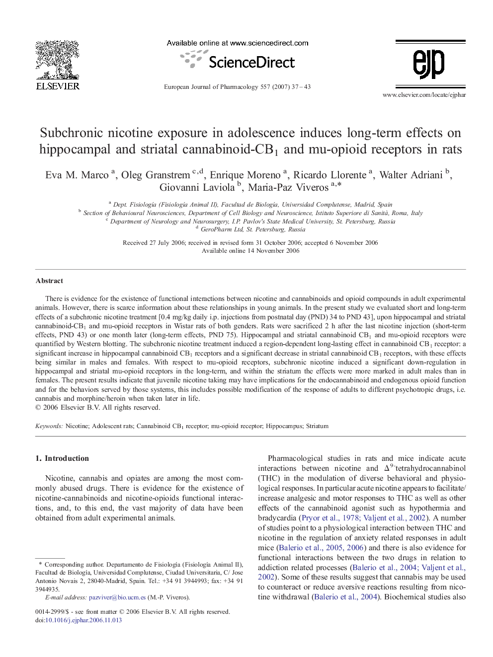 Subchronic nicotine exposure in adolescence induces long-term effects on hippocampal and striatal cannabinoid-CB1 and mu-opioid receptors in rats