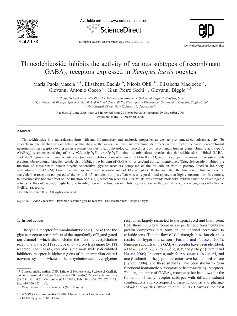 Thiocolchicoside inhibits the activity of various subtypes of recombinant GABAA receptors expressed in Xenopus laevis oocytes