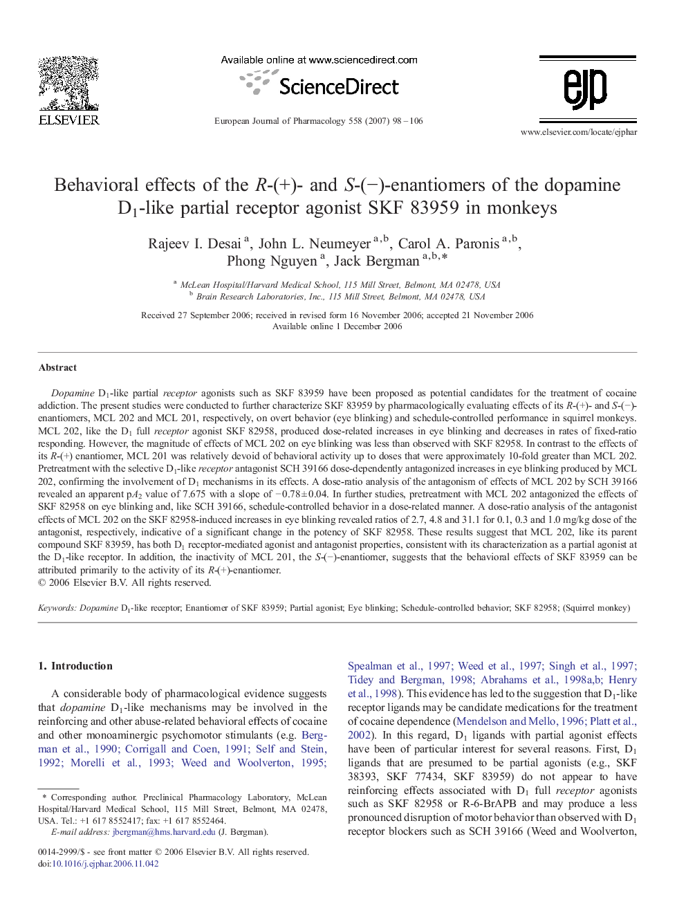 Behavioral effects of the R-(+)- and S-(−)-enantiomers of the dopamine D1-like partial receptor agonist SKF 83959 in monkeys