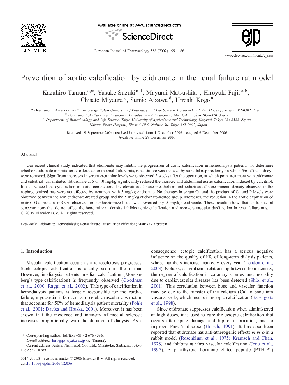 Prevention of aortic calcification by etidronate in the renal failure rat model