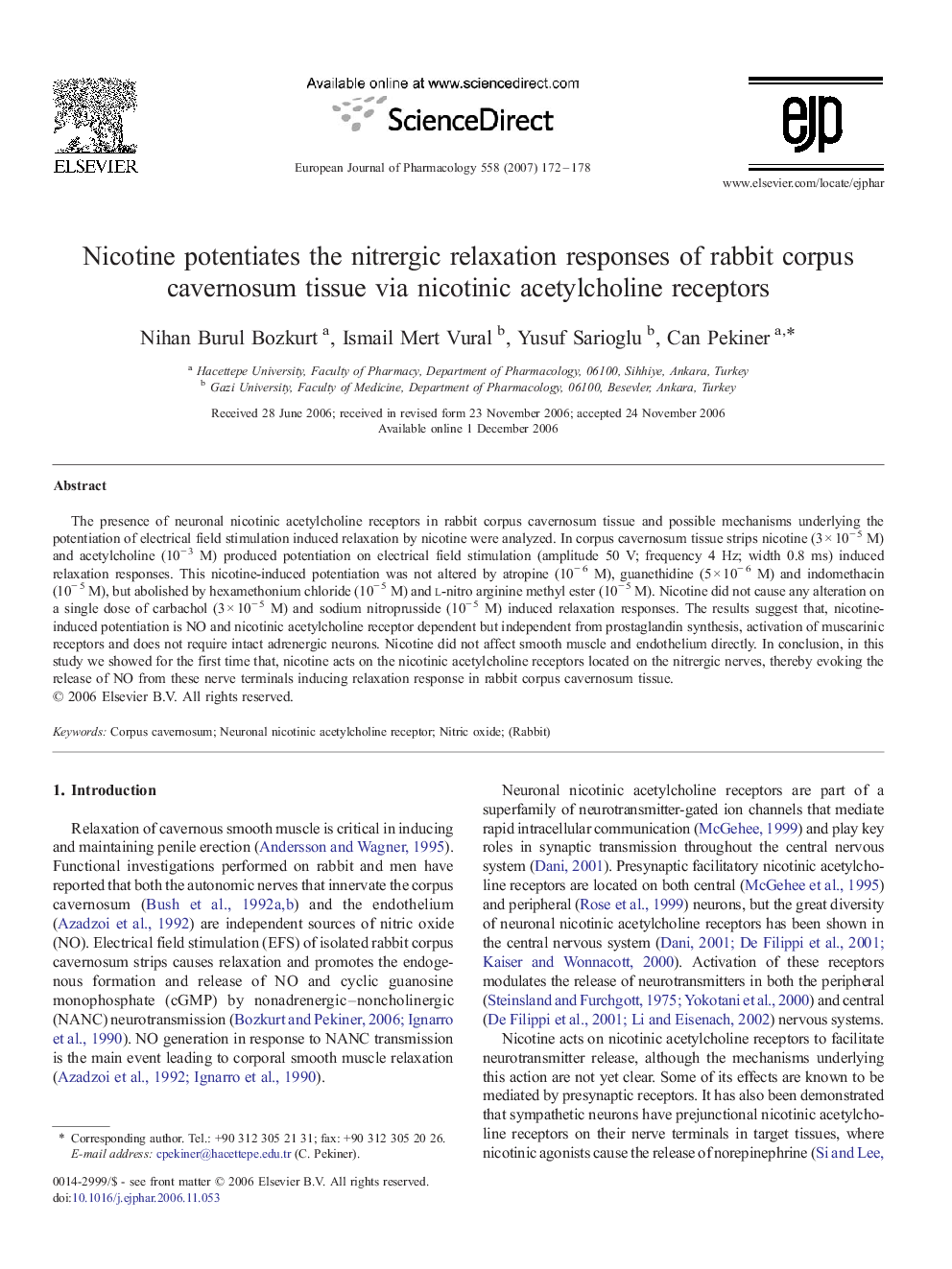 Nicotine potentiates the nitrergic relaxation responses of rabbit corpus cavernosum tissue via nicotinic acetylcholine receptors