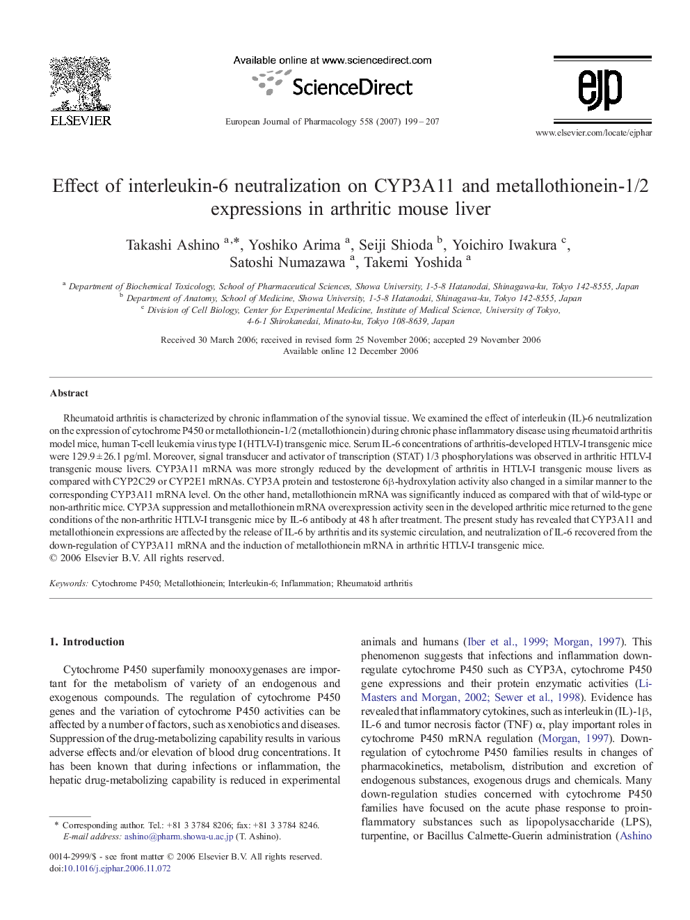 Effect of interleukin-6 neutralization on CYP3A11 and metallothionein-1/2 expressions in arthritic mouse liver