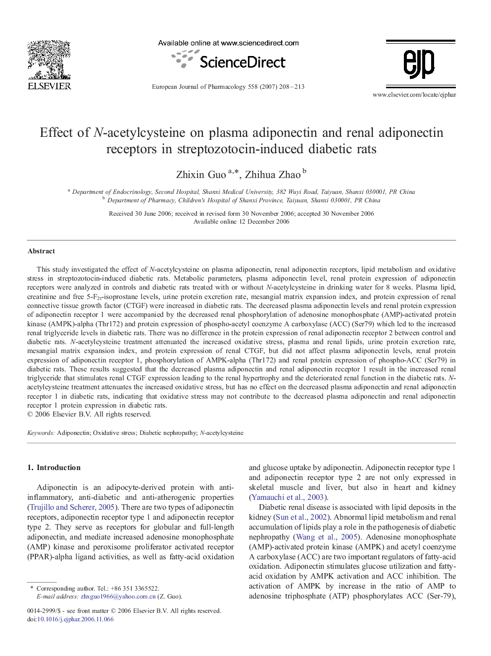 Effect of N-acetylcysteine on plasma adiponectin and renal adiponectin receptors in streptozotocin-induced diabetic rats