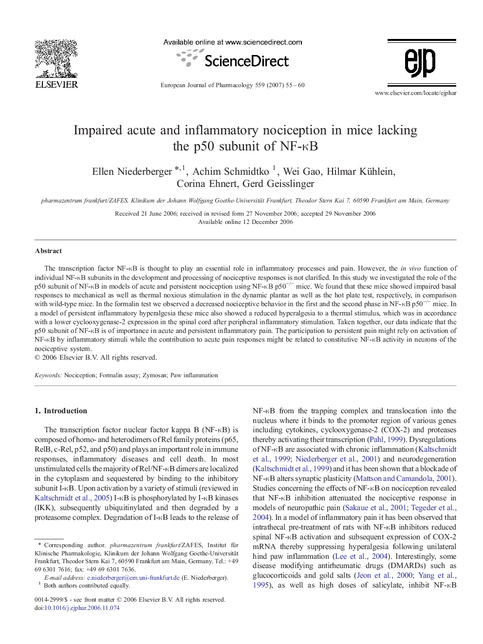 Impaired acute and inflammatory nociception in mice lacking the p50 subunit of NF-κB