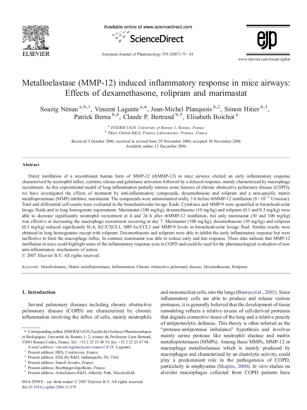 Metalloelastase (MMP-12) induced inflammatory response in mice airways: Effects of dexamethasone, rolipram and marimastat