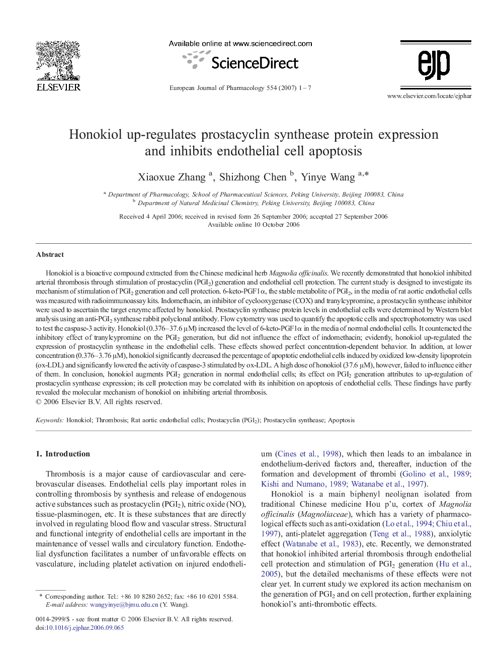 Honokiol up-regulates prostacyclin synthease protein expression and inhibits endothelial cell apoptosis