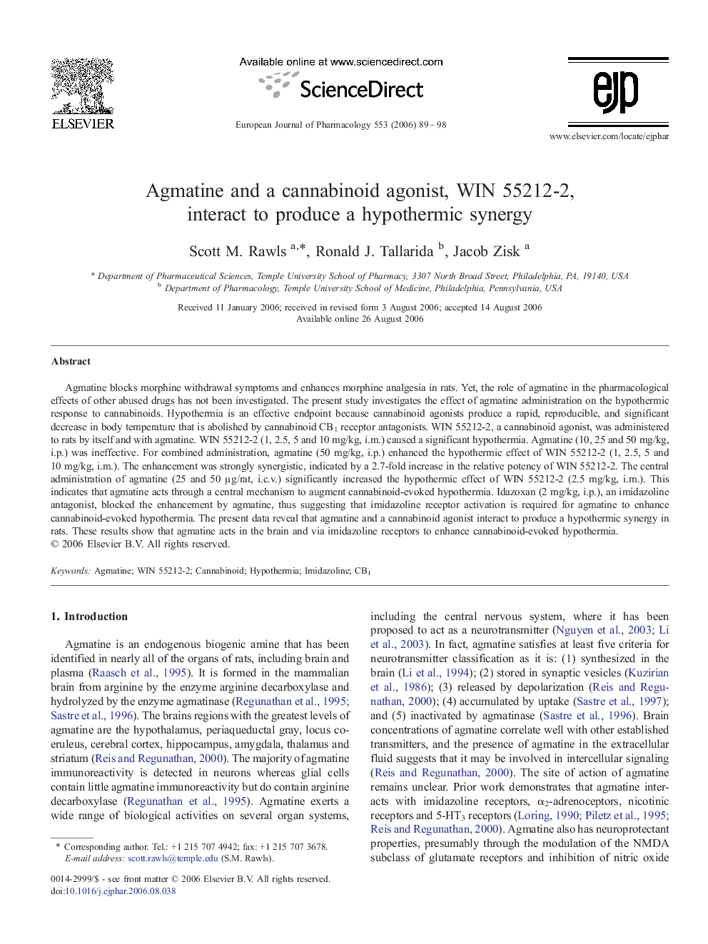 Agmatine and a cannabinoid agonist, WIN 55212-2, interact to produce a hypothermic synergy