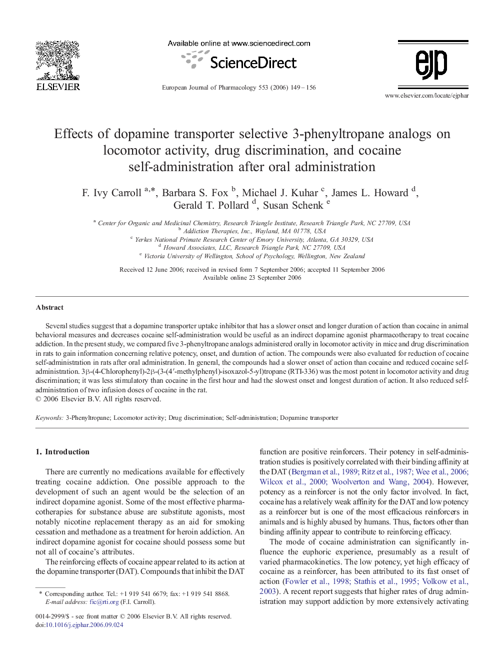 Effects of dopamine transporter selective 3-phenyltropane analogs on locomotor activity, drug discrimination, and cocaine self-administration after oral administration