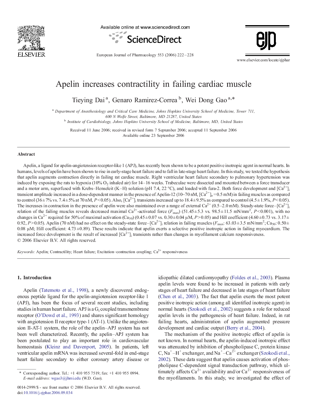 Apelin increases contractility in failing cardiac muscle