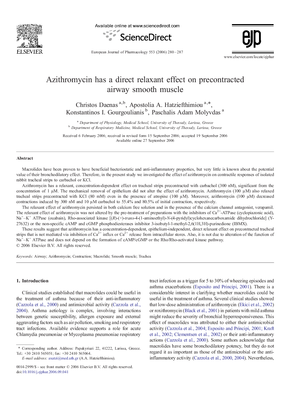 Azithromycin has a direct relaxant effect on precontracted airway smooth muscle