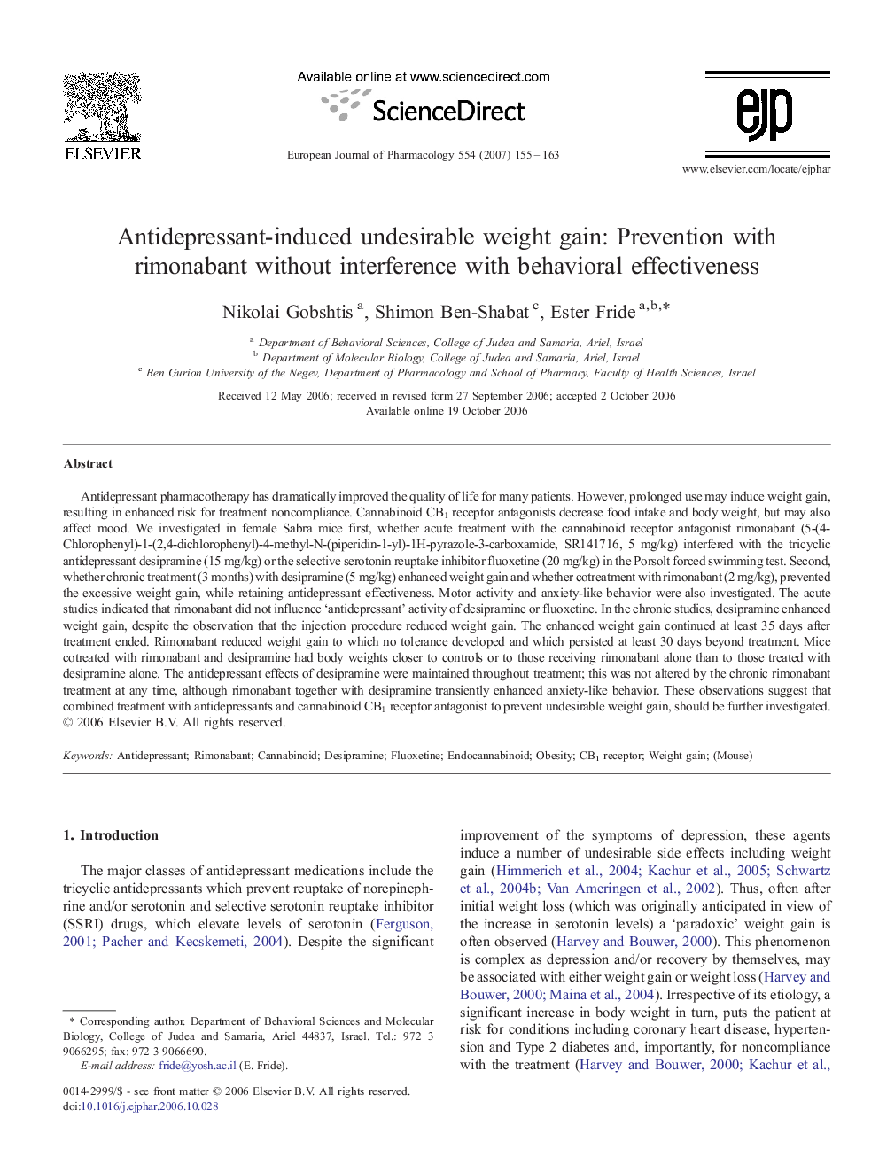 Antidepressant-induced undesirable weight gain: Prevention with rimonabant without interference with behavioral effectiveness