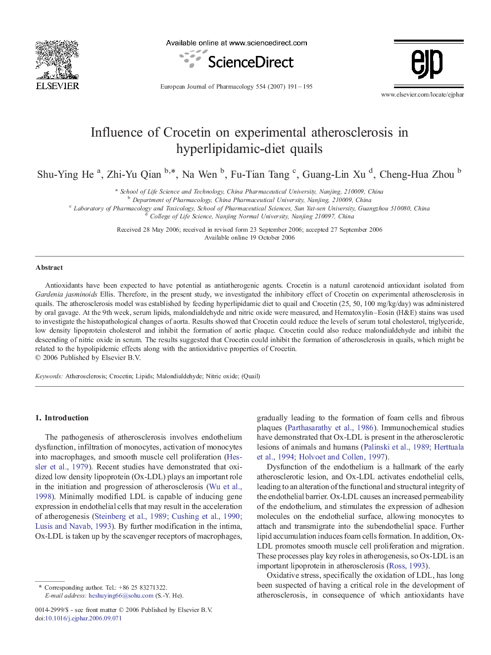 Influence of Crocetin on experimental atherosclerosis in hyperlipidamic-diet quails