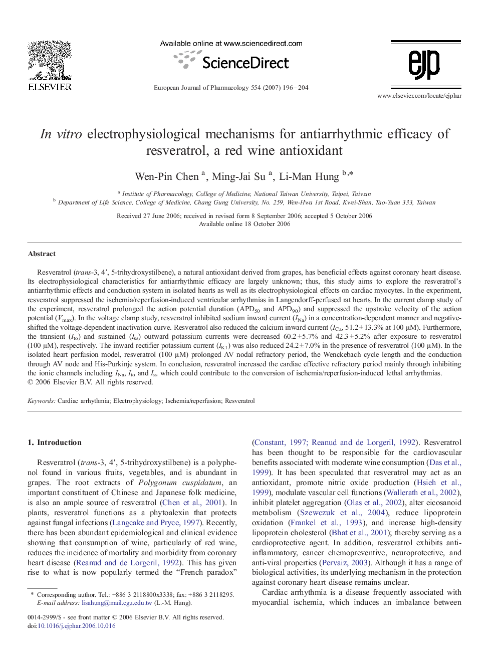 In vitro electrophysiological mechanisms for antiarrhythmic efficacy of resveratrol, a red wine antioxidant