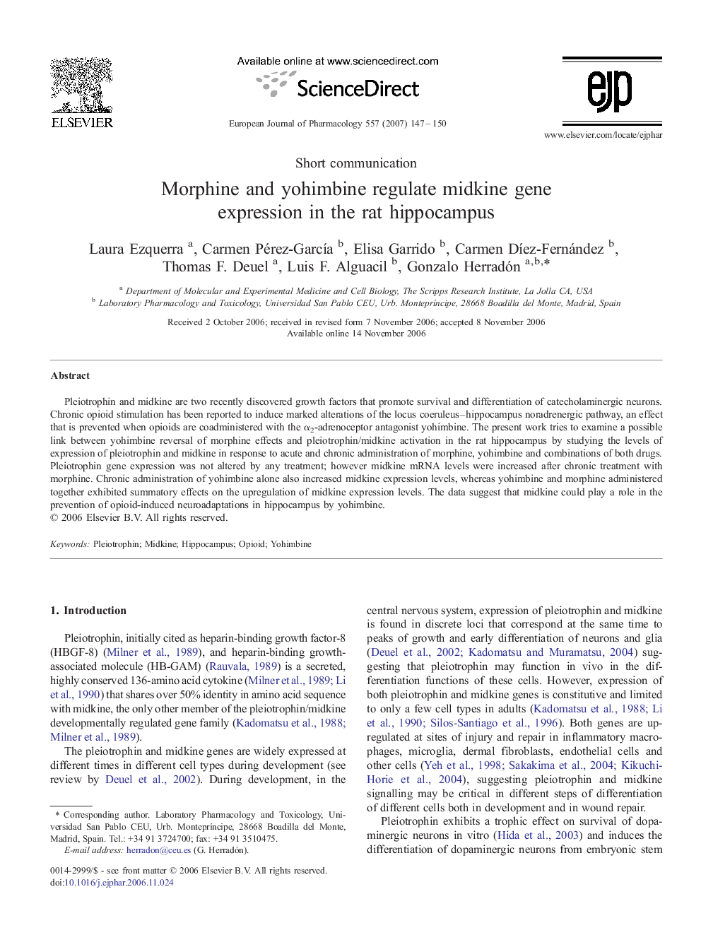 Morphine and yohimbine regulate midkine gene expression in the rat hippocampus