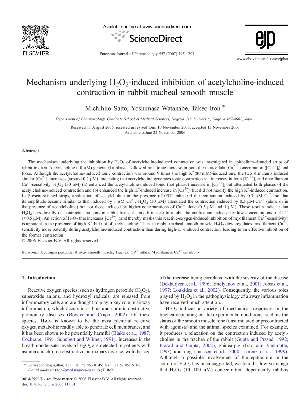 Mechanism underlying H2O2-induced inhibition of acetylcholine-induced contraction in rabbit tracheal smooth muscle