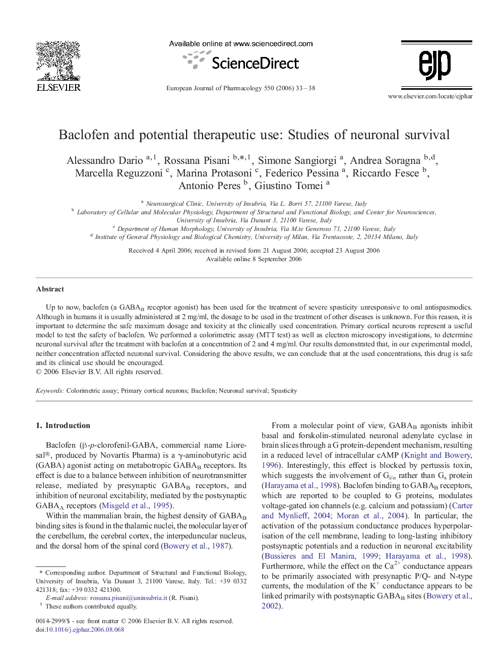 Baclofen and potential therapeutic use: Studies of neuronal survival