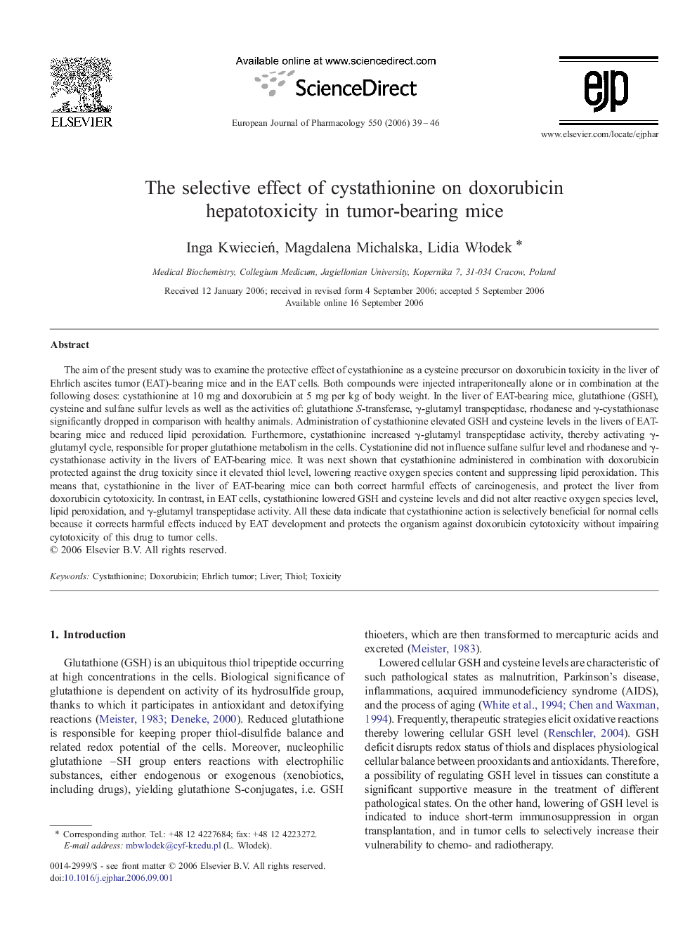 The selective effect of cystathionine on doxorubicin hepatotoxicity in tumor-bearing mice