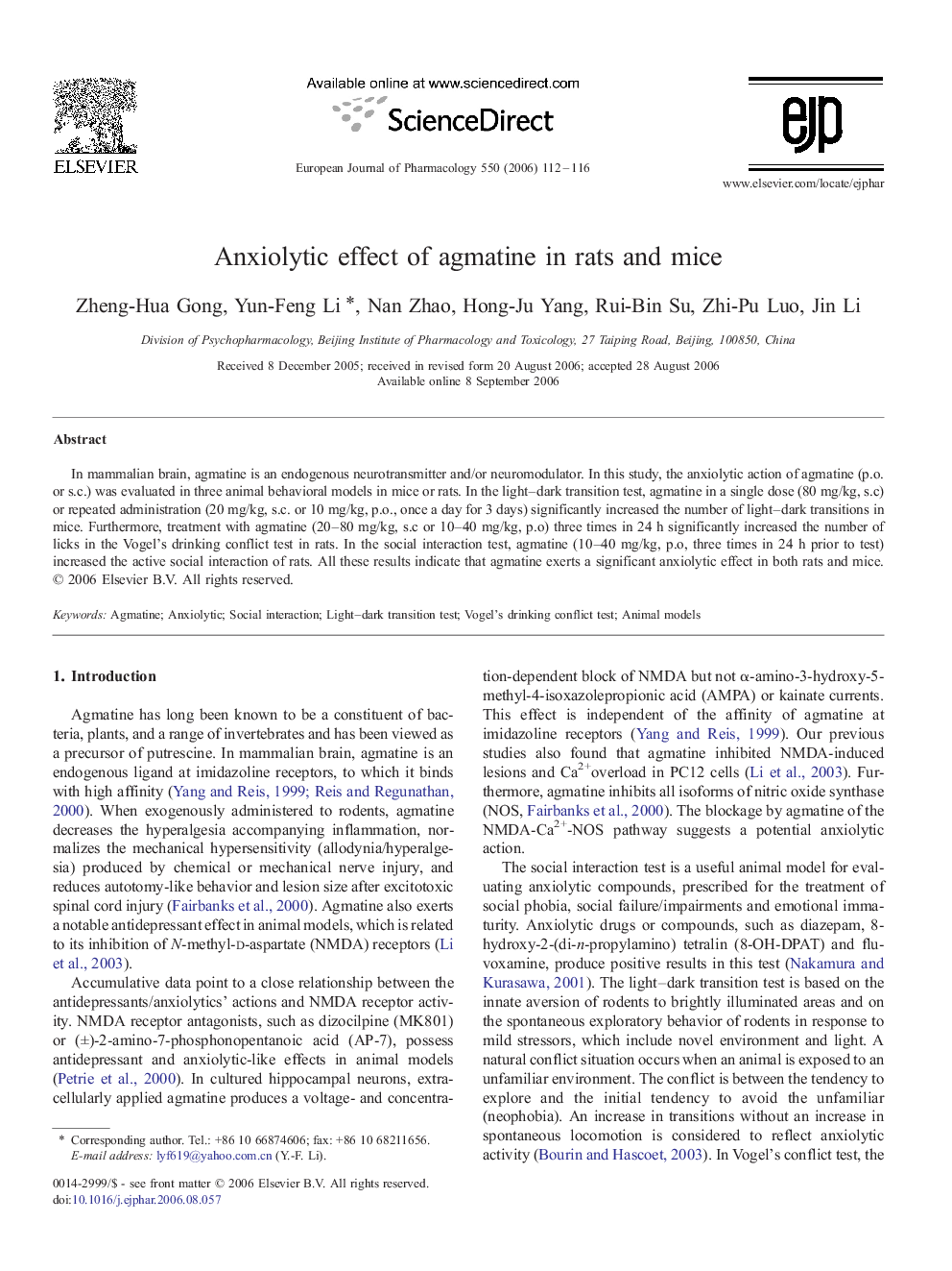 Anxiolytic effect of agmatine in rats and mice