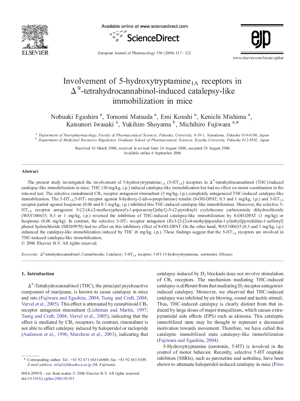 Involvement of 5-hydroxytryptamine1A receptors in Δ9-tetrahydrocannabinol-induced catalepsy-like immobilization in mice