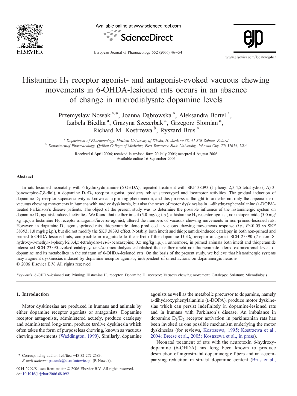 Histamine H3 receptor agonist- and antagonist-evoked vacuous chewing movements in 6-OHDA-lesioned rats occurs in an absence of change in microdialysate dopamine levels