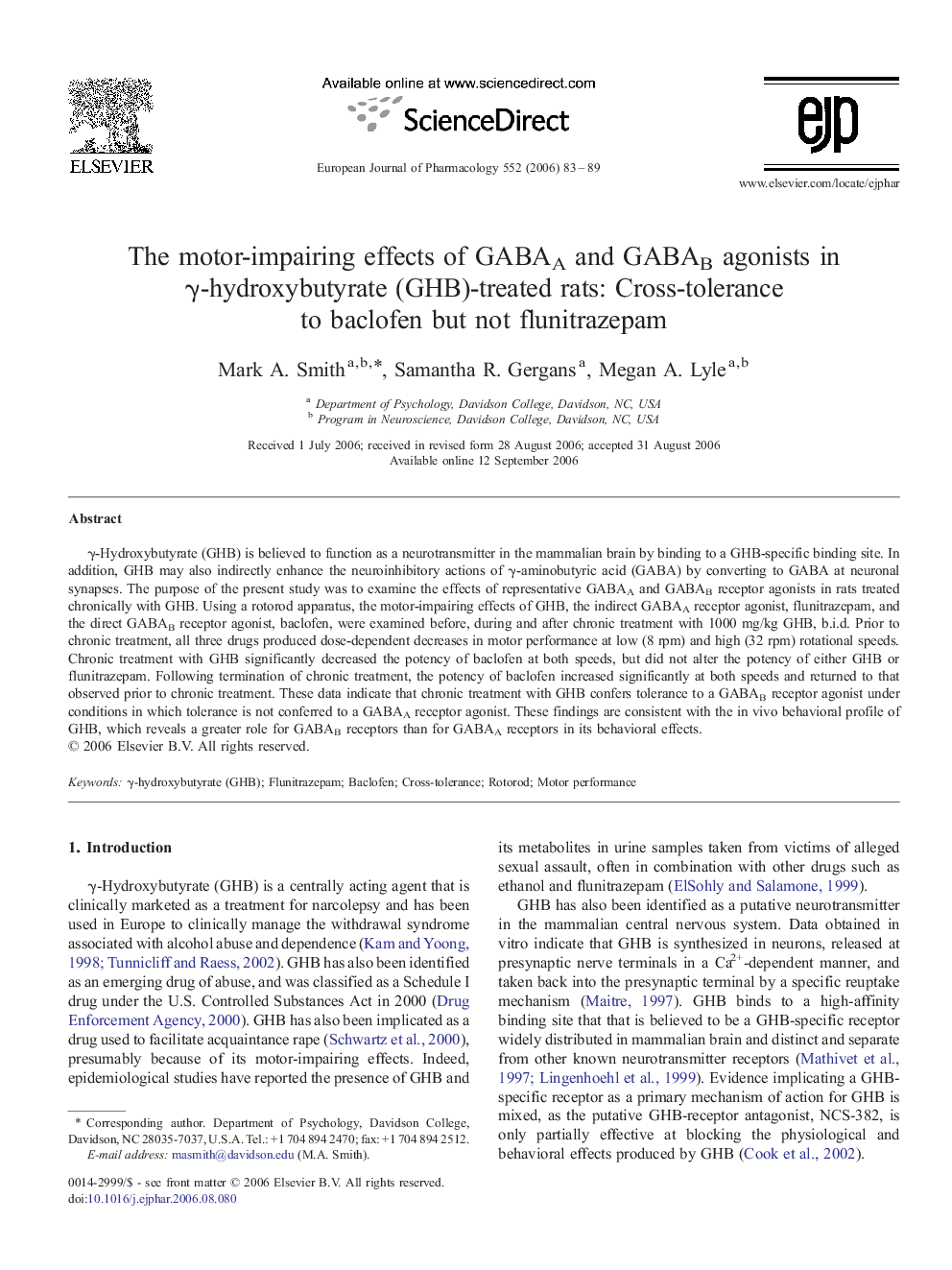 The motor-impairing effects of GABAA and GABAB agonists in γ-hydroxybutyrate (GHB)-treated rats: Cross-tolerance to baclofen but not flunitrazepam