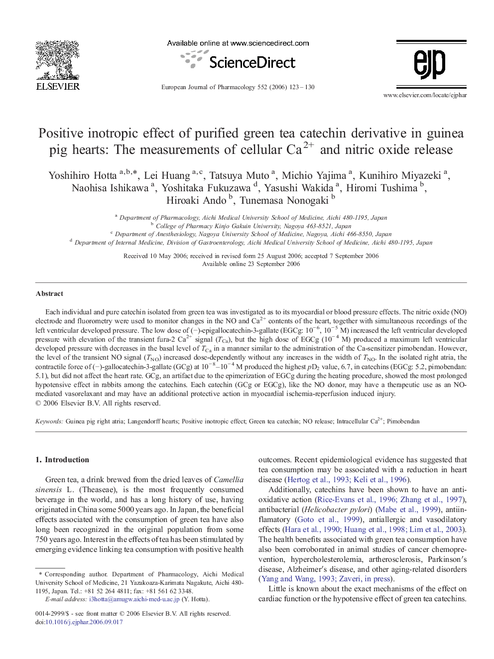 Positive inotropic effect of purified green tea catechin derivative in guinea pig hearts: The measurements of cellular Ca2+ and nitric oxide release