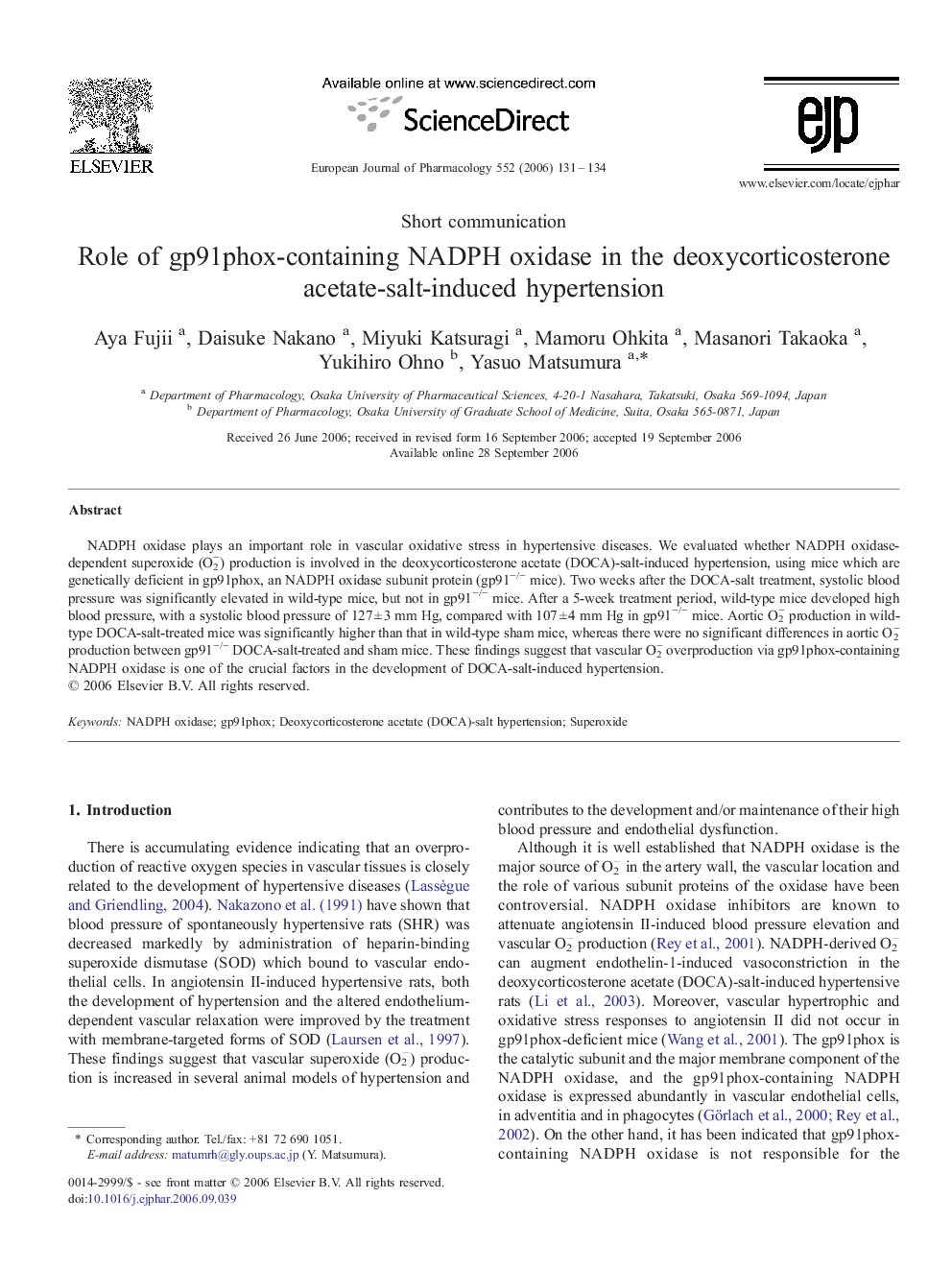 Role of gp91phox-containing NADPH oxidase in the deoxycorticosterone acetate-salt-induced hypertension