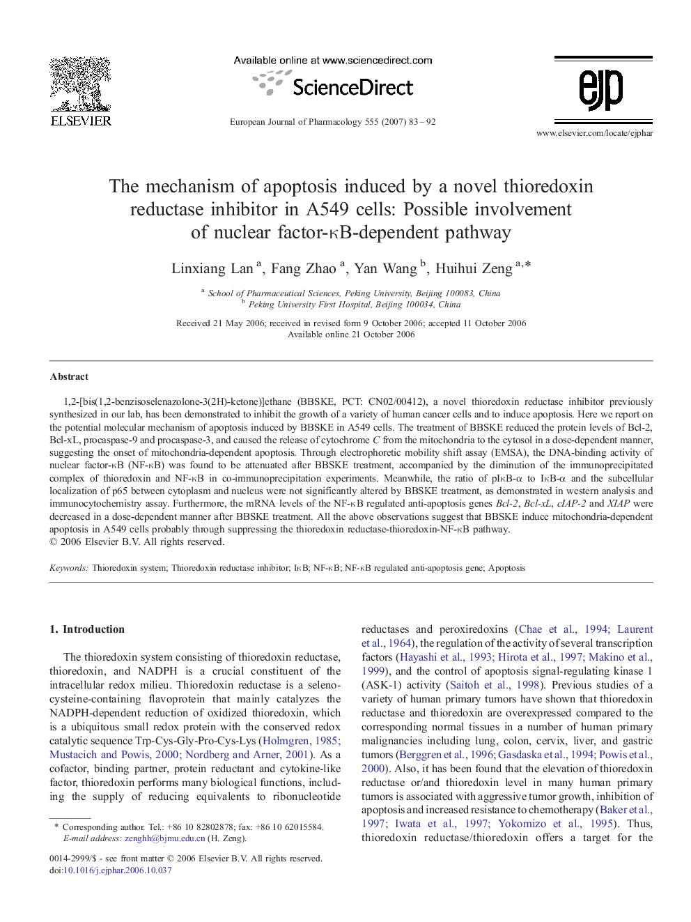 The mechanism of apoptosis induced by a novel thioredoxin reductase inhibitor in A549 cells: Possible involvement of nuclear factor-κB-dependent pathway