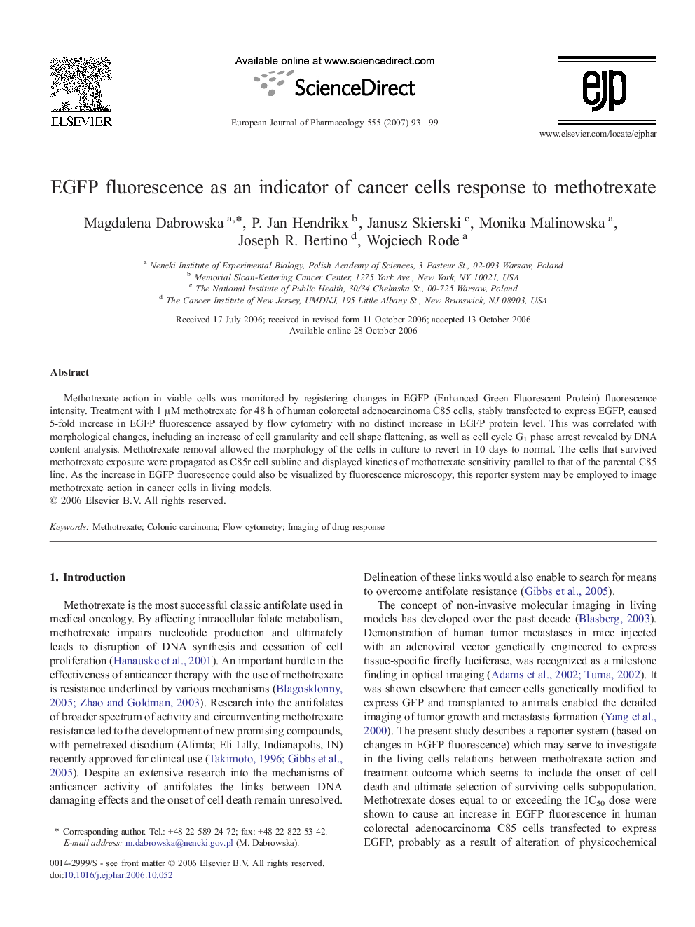 EGFP fluorescence as an indicator of cancer cells response to methotrexate