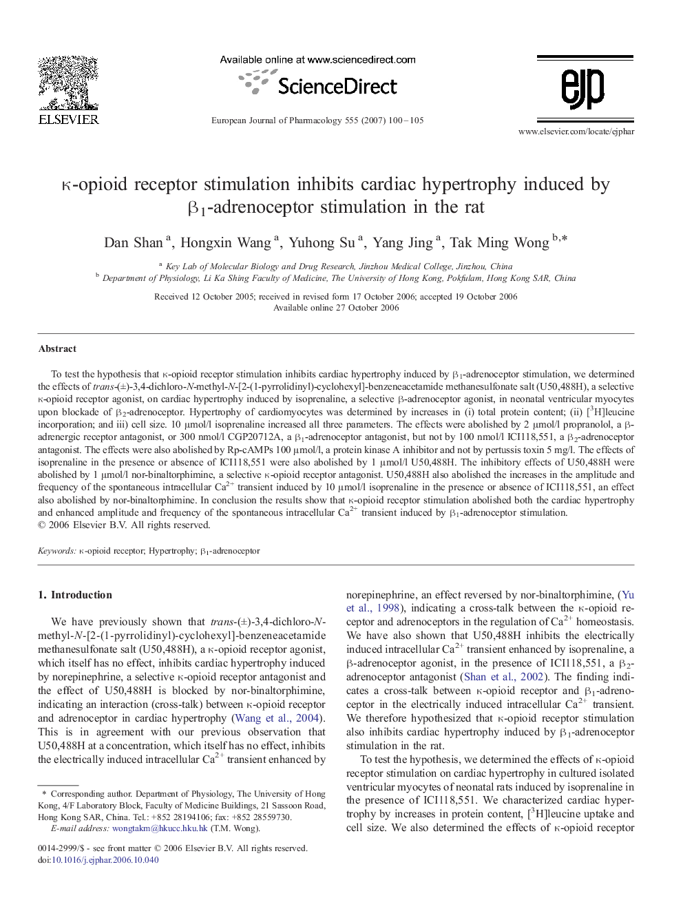 κ-opioid receptor stimulation inhibits cardiac hypertrophy induced by β1-adrenoceptor stimulation in the rat