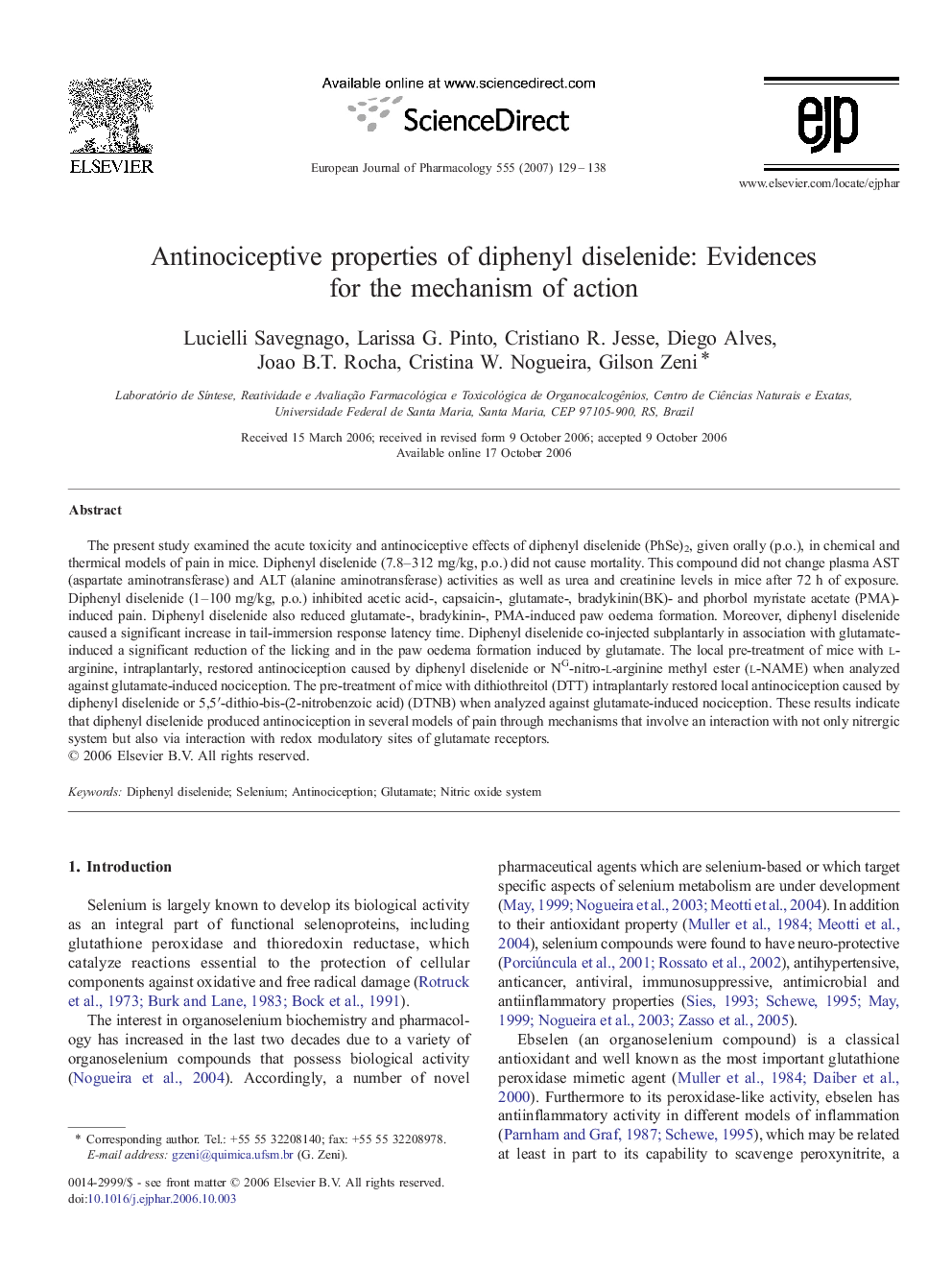 Antinociceptive properties of diphenyl diselenide: Evidences for the mechanism of action