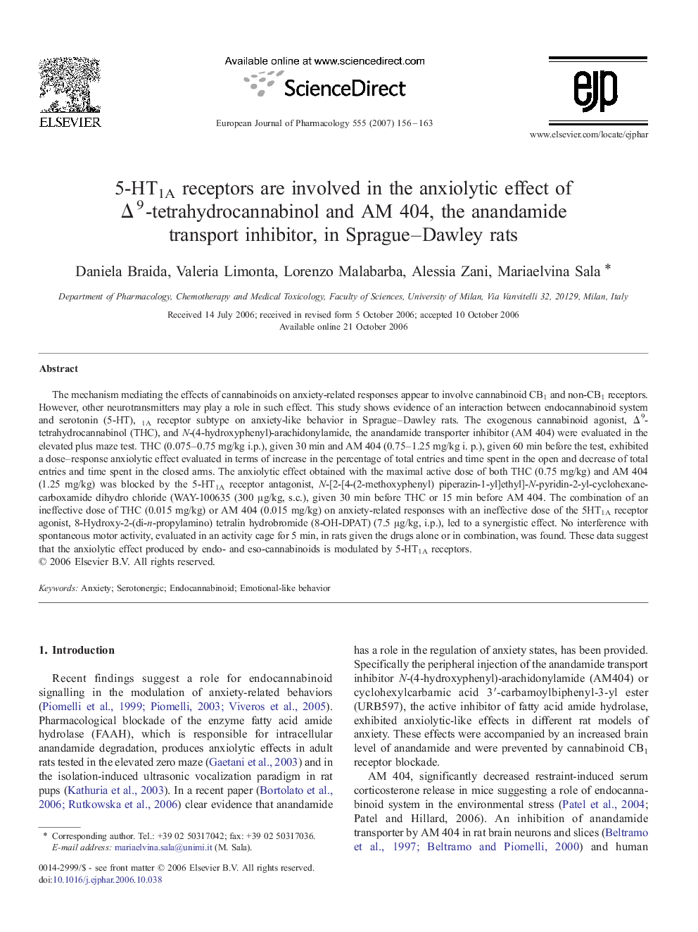 5-HT1A receptors are involved in the anxiolytic effect of Δ9-tetrahydrocannabinol and AM 404, the anandamide transport inhibitor, in Sprague–Dawley rats