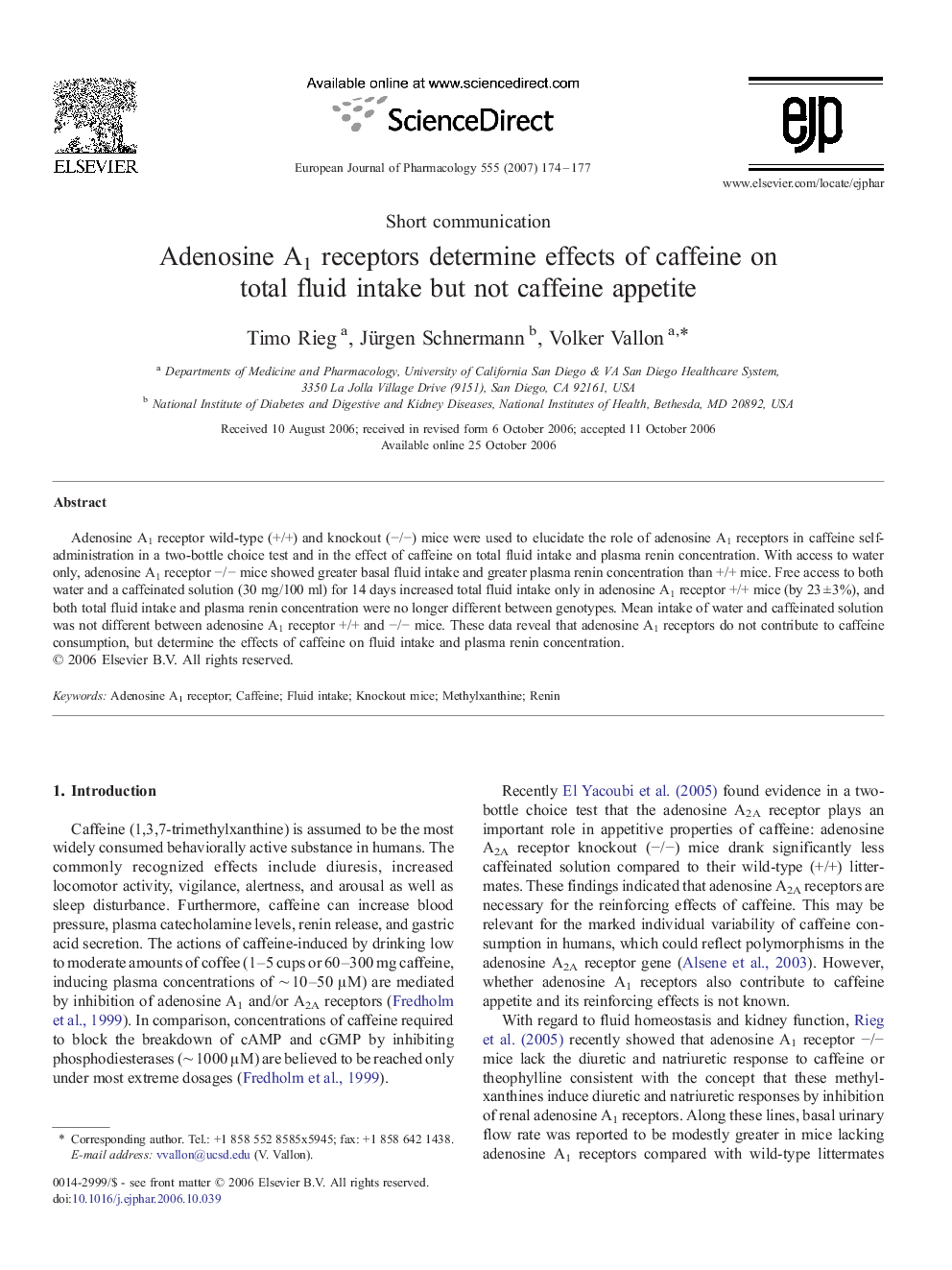 Adenosine A1 receptors determine effects of caffeine on total fluid intake but not caffeine appetite