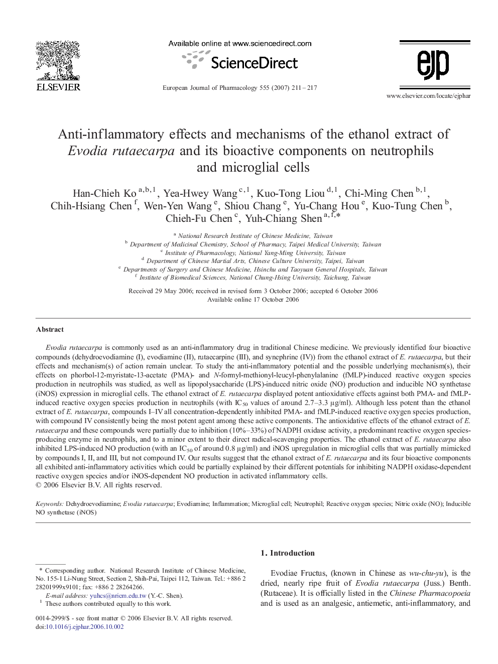 Anti-inflammatory effects and mechanisms of the ethanol extract of Evodia rutaecarpa and its bioactive components on neutrophils and microglial cells