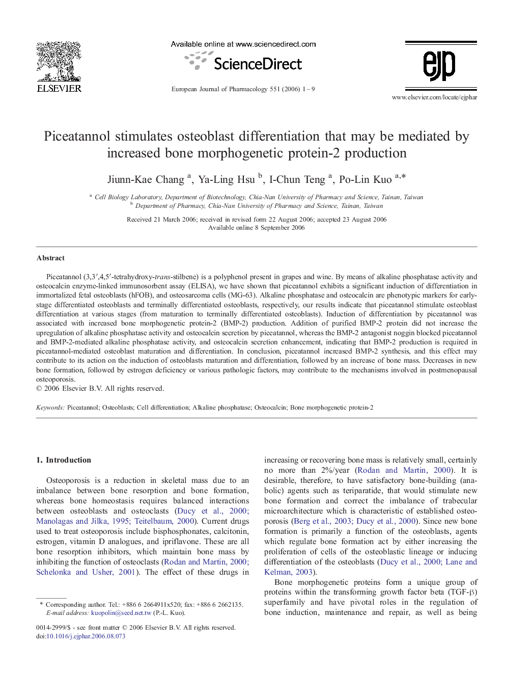 Piceatannol stimulates osteoblast differentiation that may be mediated by increased bone morphogenetic protein-2 production