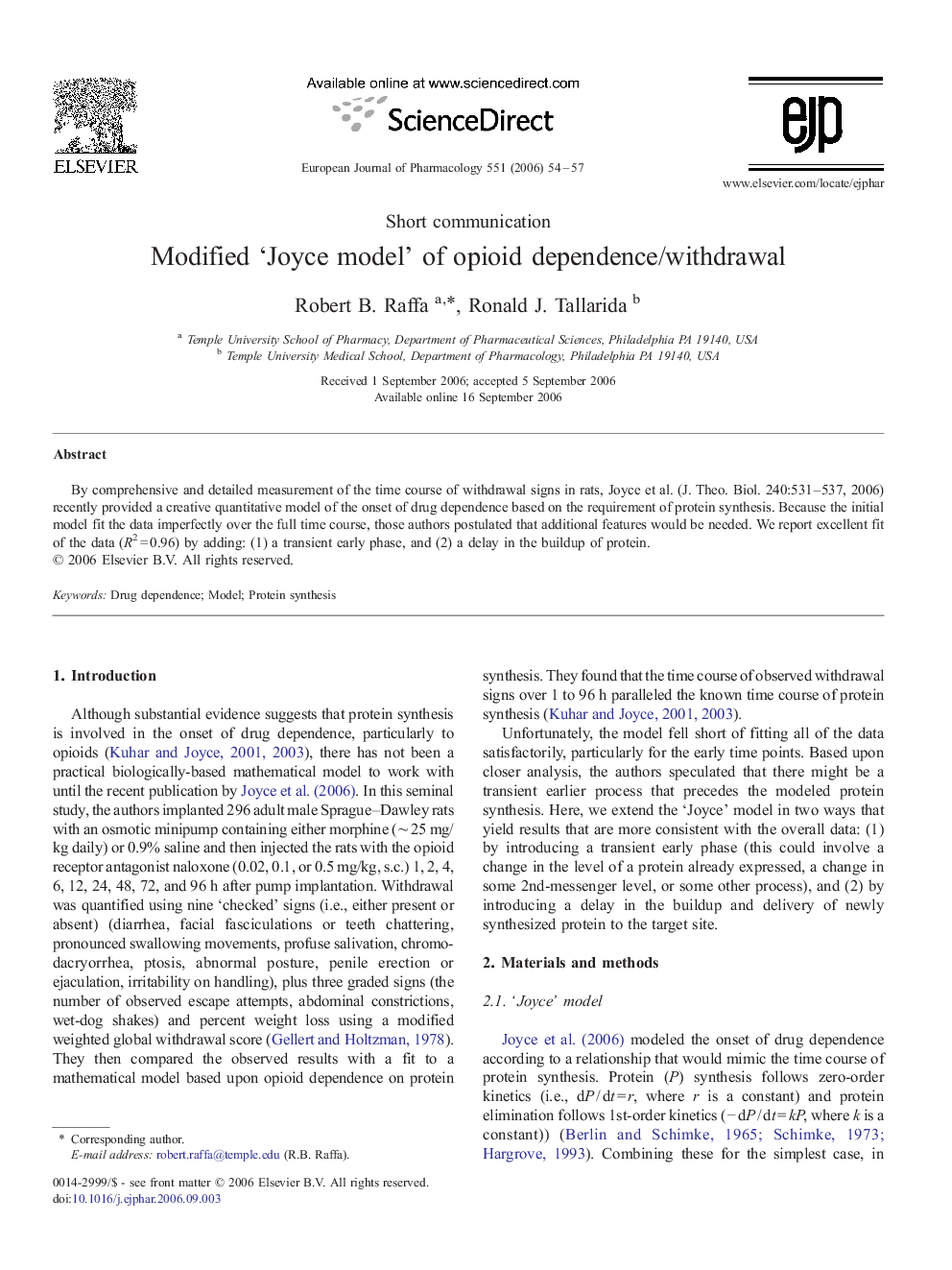 Modified ‘Joyce model’ of opioid dependence/withdrawal