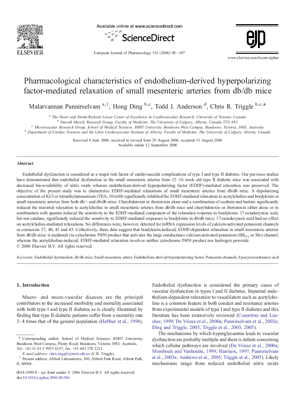 Pharmacological characteristics of endothelium-derived hyperpolarizing factor-mediated relaxation of small mesenteric arteries from db/db mice