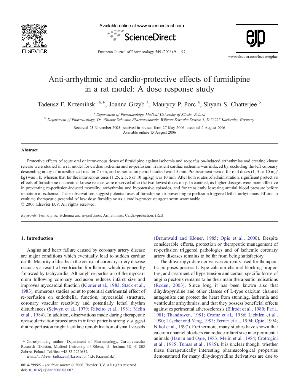 Anti-arrhythmic and cardio-protective effects of furnidipine in a rat model: A dose response study