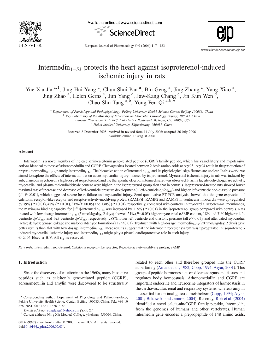 Intermedin1–53 protects the heart against isoproterenol-induced ischemic injury in rats