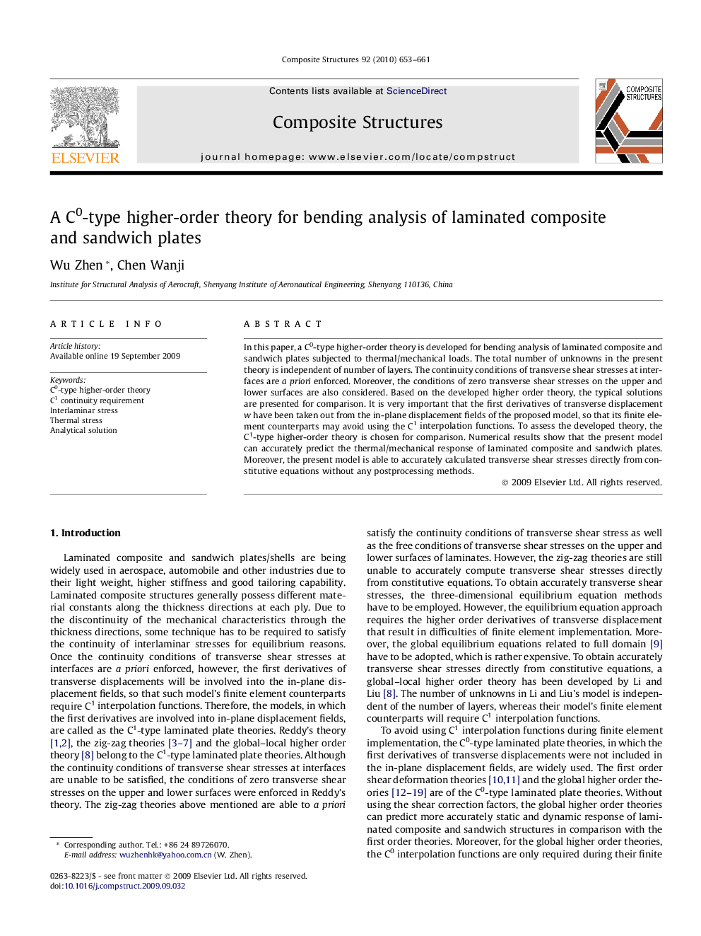 A C0-type higher-order theory for bending analysis of laminated composite and sandwich plates