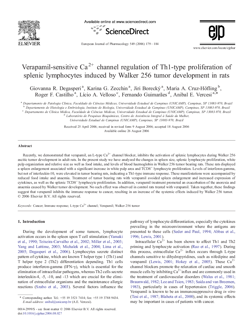 Verapamil-sensitive Ca2+ channel regulation of Th1-type proliferation of splenic lymphocytes induced by Walker 256 tumor development in rats