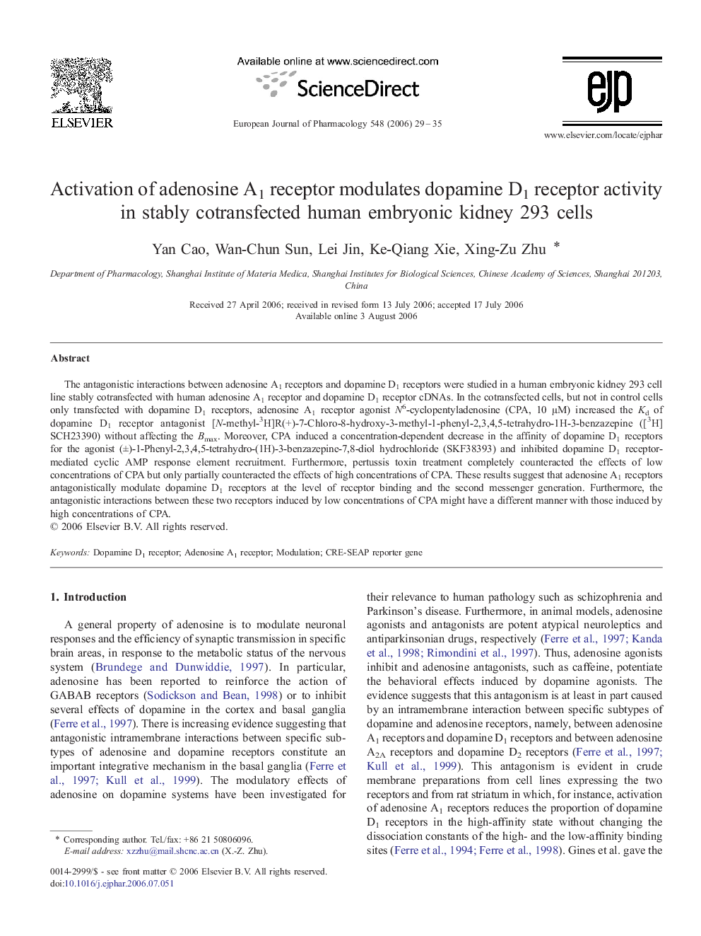 Activation of adenosine A1 receptor modulates dopamine D1 receptor activity in stably cotransfected human embryonic kidney 293 cells