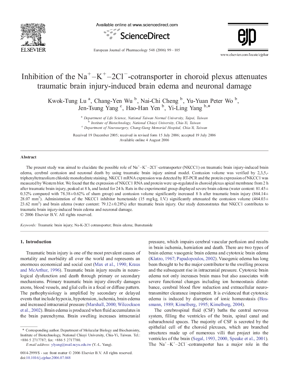 Inhibition of the Na+–K+–2Cl−-cotransporter in choroid plexus attenuates traumatic brain injury-induced brain edema and neuronal damage