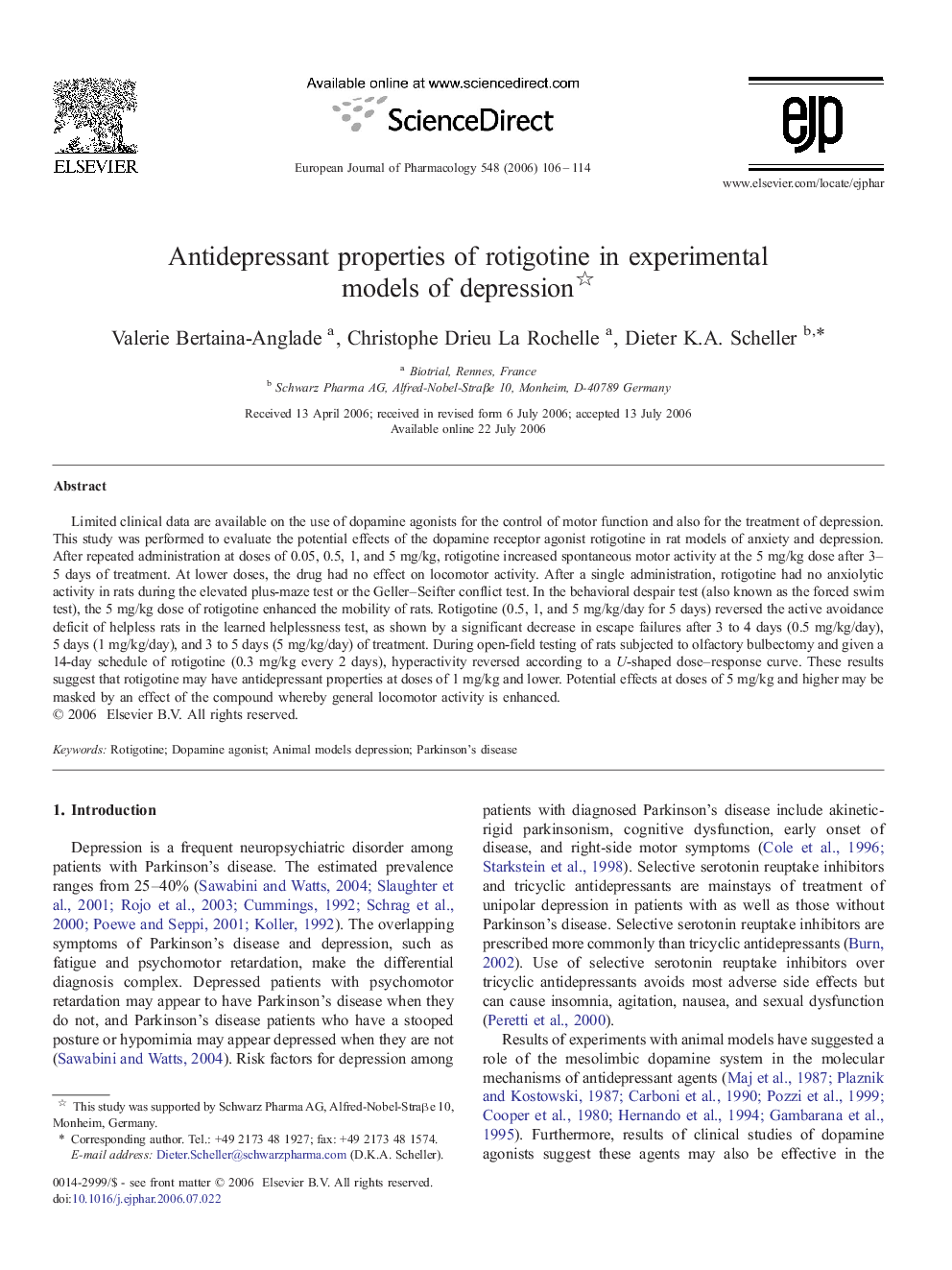 Antidepressant properties of rotigotine in experimental models of depression 