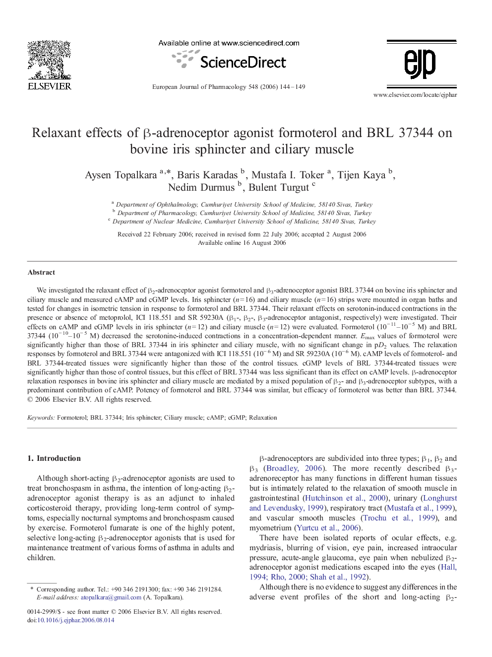 Relaxant effects of β-adrenoceptor agonist formoterol and BRL 37344 on bovine iris sphincter and ciliary muscle